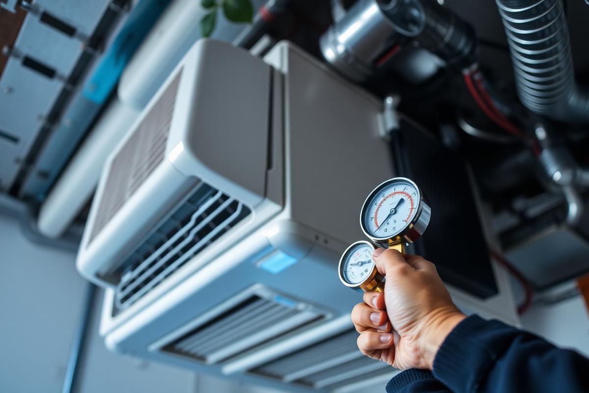 Technician checking refrigerant pressure on an air handler with a gauge manifold